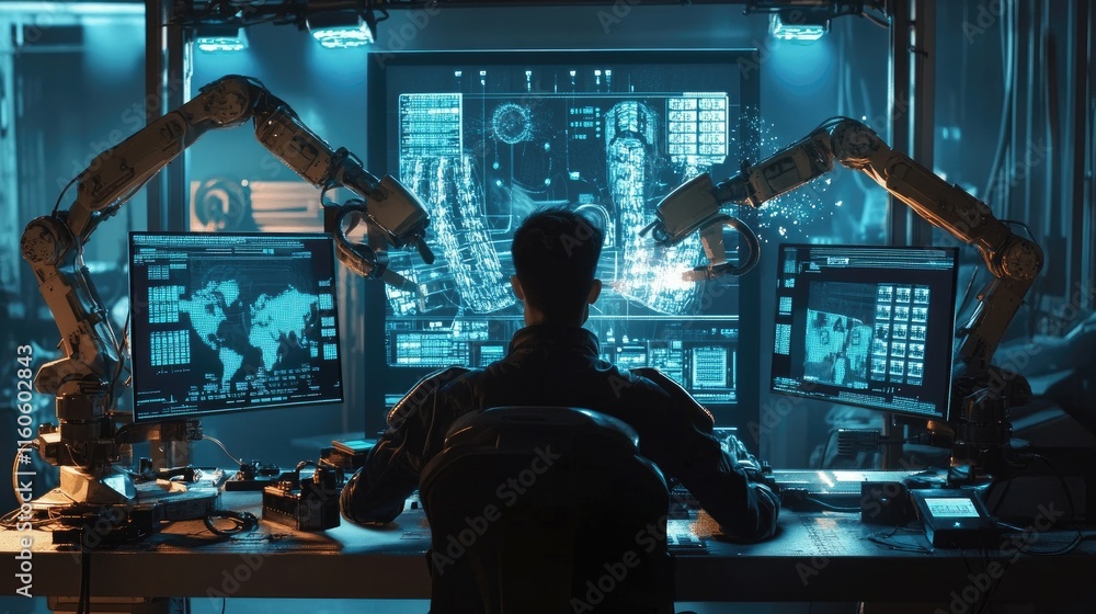 Poster Factory engineer managing automation robot arms for welding tasks, with real-time monitoring systems displaying operation data.