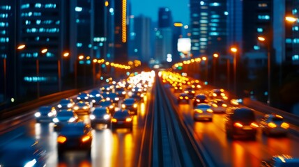 Obraz premium Bustling Cityscape of Bangkok at Night with Illuminated Skyscrapers and Traffic