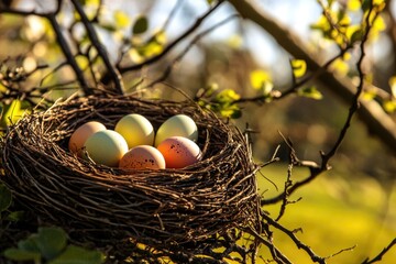 Obraz premium A natural birds nest with four eggs inside