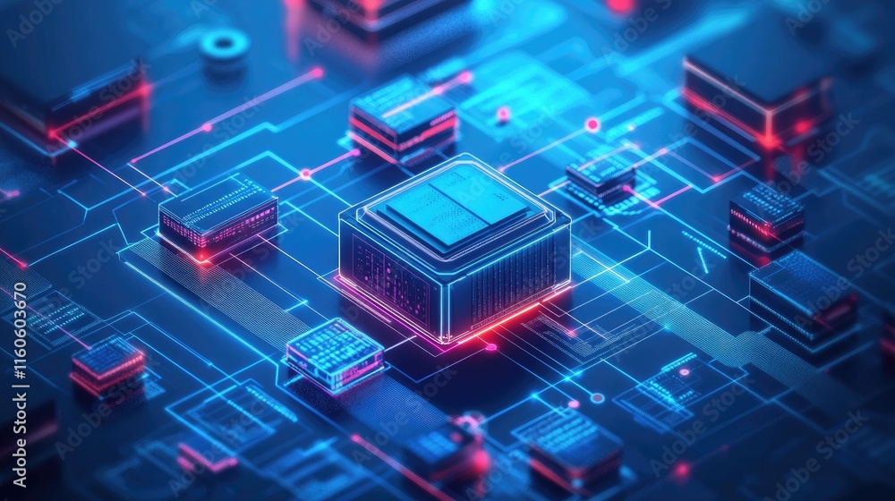 Poster futuristic technology workflow concept, with lines, dots, and nodes on a clean blue background repre
