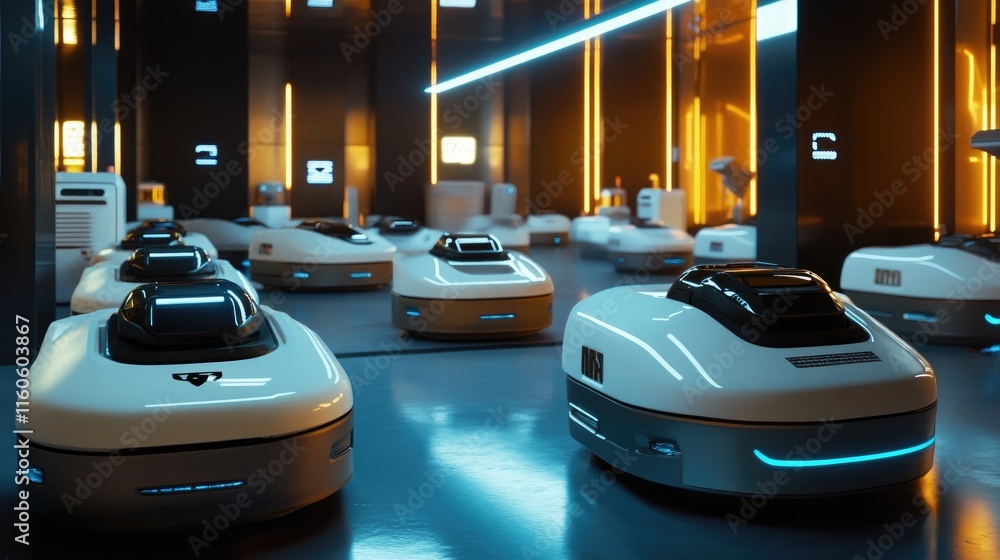 Aufkleber futuristic warehouse with autonomous robots carefully sorting packages, optimizing storage and deliv