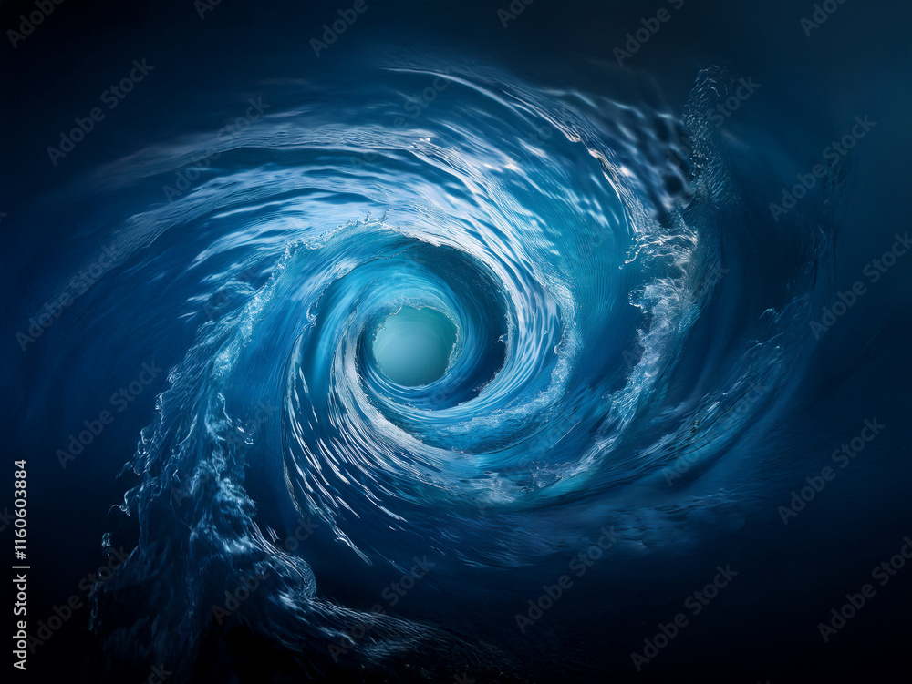 Poster a mesmerizing whirlpool of deep blue water, swirling into a dark center. the motion is captivating, 