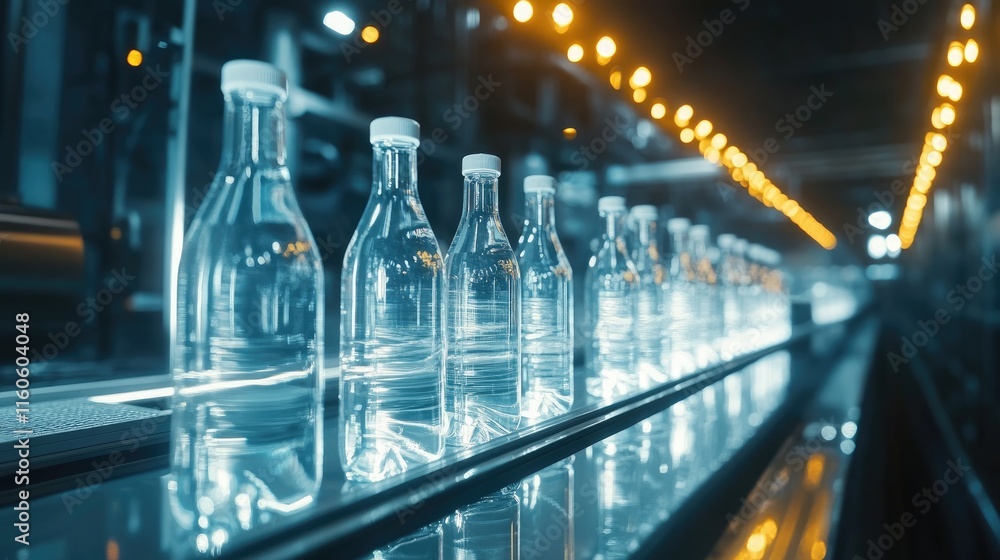 Poster glass bottles moving along an automated conveyor line in a pharmaceutical facility, showcasing cutti