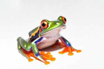 Fototapeta premium A green frog perched on a white surface, looking around