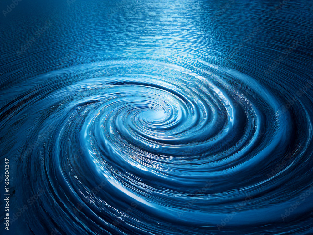 Poster A mesmerizing whirlpool of deep blue water spirals into a dark center, illuminated by a subtle light source above.  The swirling vortex creates a hypnotic and slightly ominous effect.