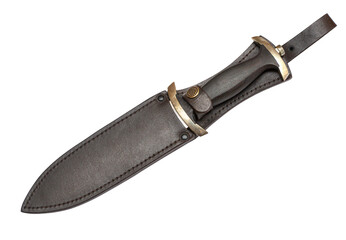 Hunting knife with leather sheath on white background