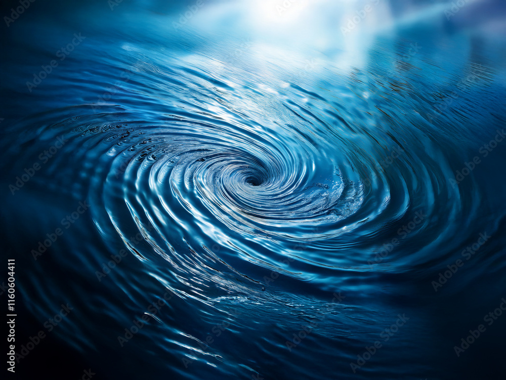 Poster A mesmerizing whirlpool of deep blue water spirals into a dark abyss, illuminated by a radiant light source above.  The concentric circles ripple outwards, creating a captivating vortex.