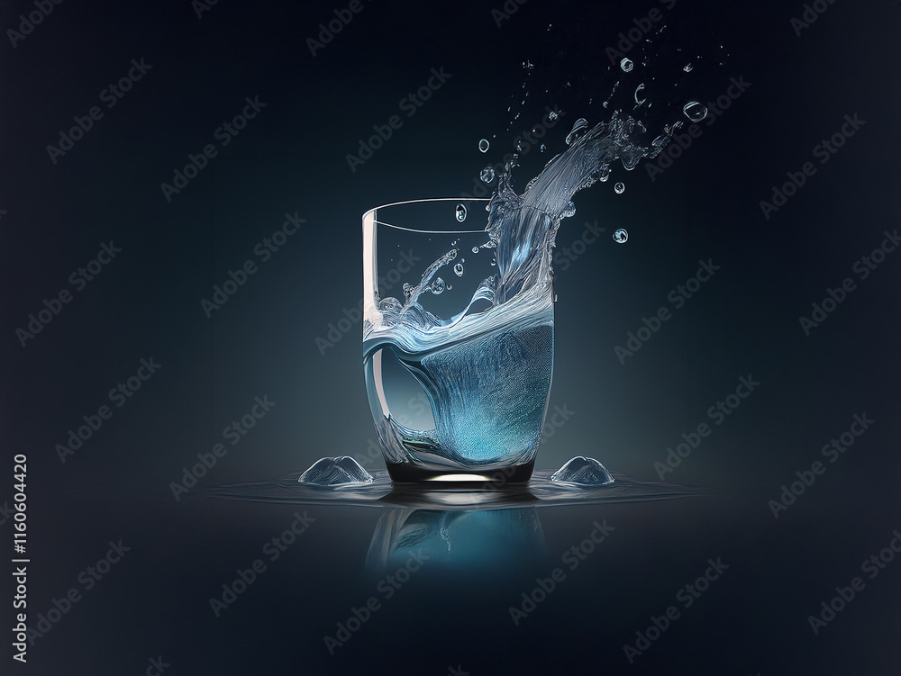 Aufkleber A glass of water with ice cubes, showcasing a dynamic splash frozen in time.  The cool blue tones and dark background create a serene yet energetic image.  The reflection adds depth.