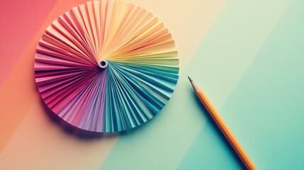 Colorful Paper Fan with Pencil on Soft Pastel Background