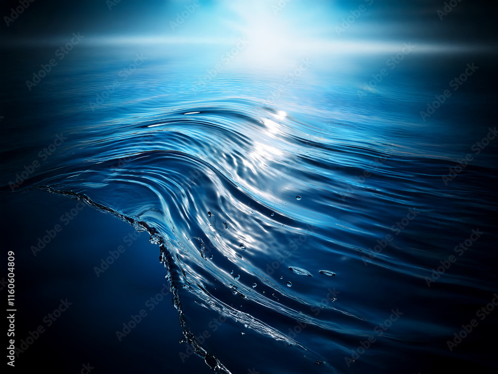 Leinwandbilder serene deep blue ocean waves ripple and curve, reflecting a bright light source above. the water's s