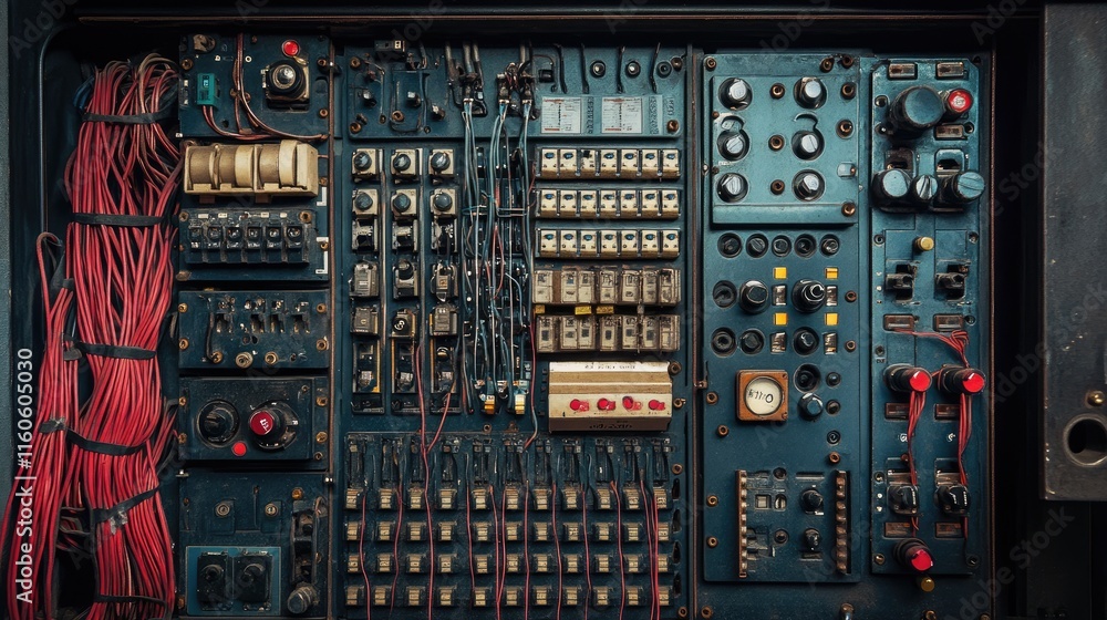 Poster high-tech electrical control board filled with wires and switches, ensuring proper management of ele