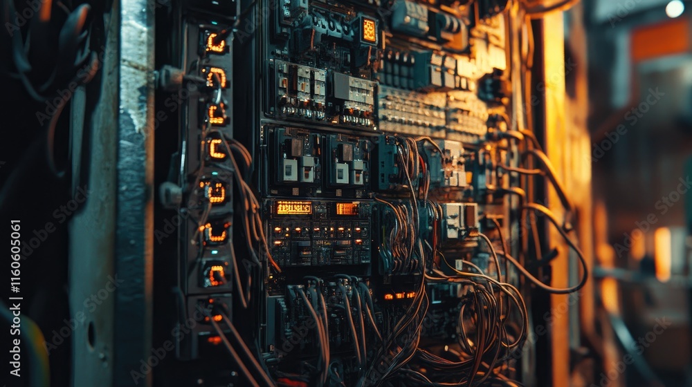 Poster high-tech electrical control board filled with wires and switches, ensuring proper management of ele