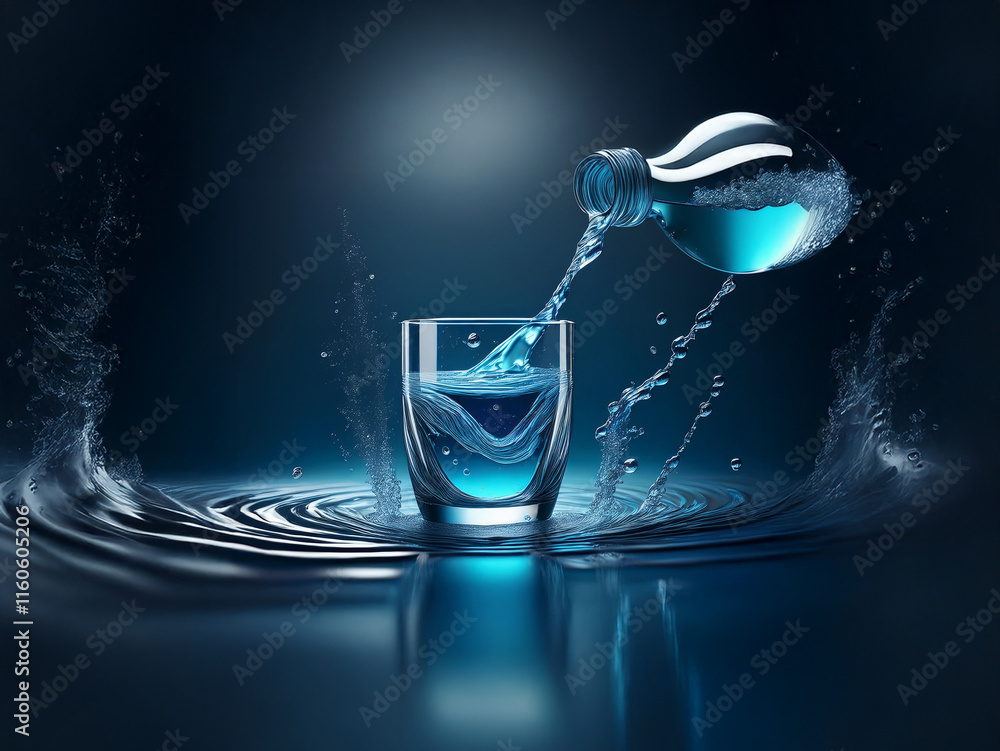 Leinwandbilder refreshing blue liquid pours from a bottle into a glass, creating dynamic splashes and ripples on a 