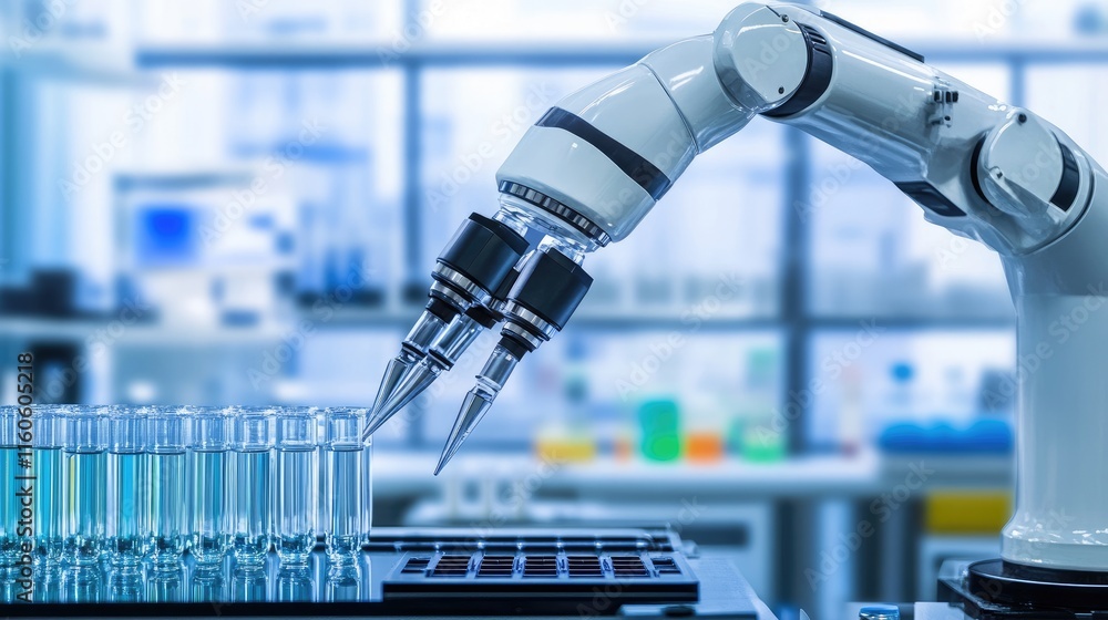 Aufkleber High-tech laboratory automation setup with robotic equipment handling samples and ensuring precise measurements and tests.