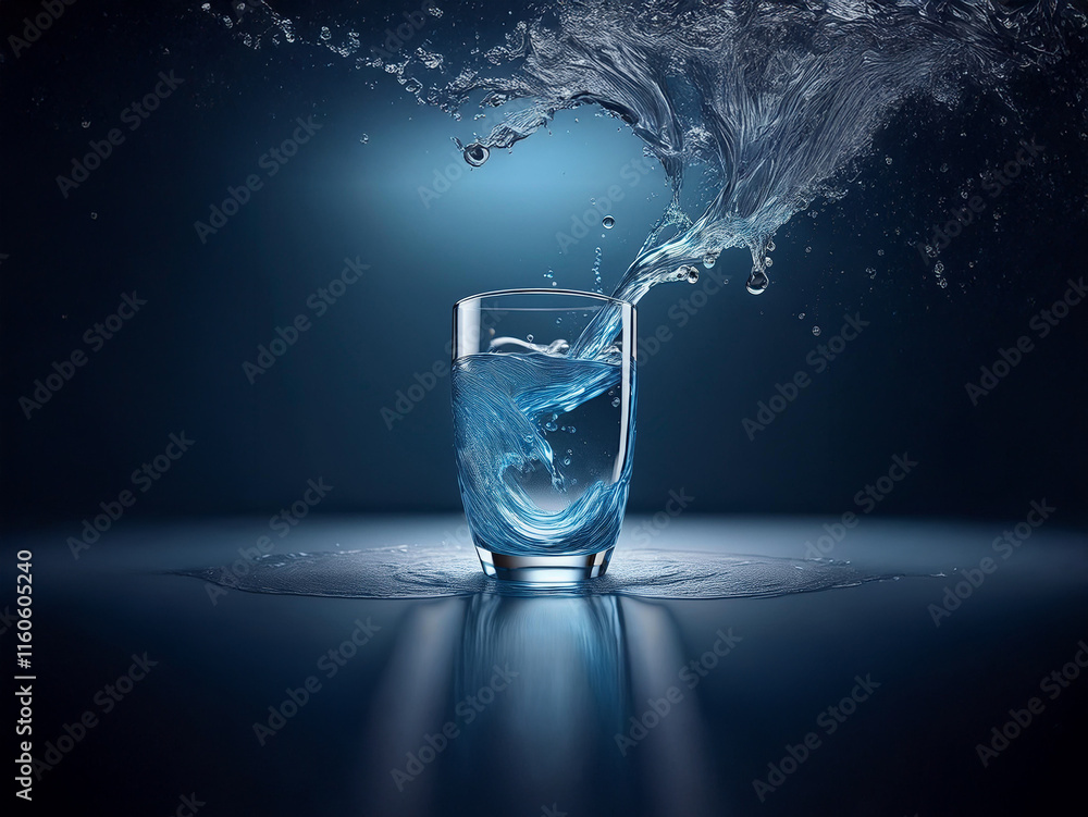 Poster dynamic splash of water erupting from a glass, reflecting on a dark, wet surface. the scene is drama