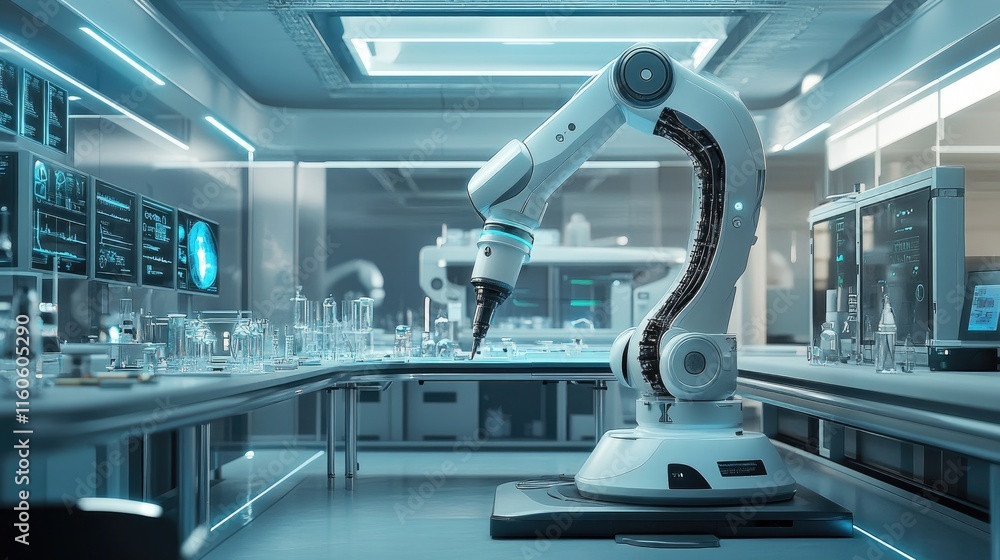 Poster High-tech laboratory automation setup with robotic equipment handling samples and ensuring precise measurements and tests.