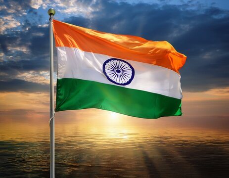 Indian national flag waving on blue sky