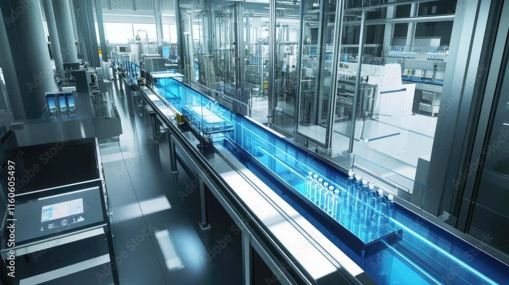 Poster high-tech pharmaceutical manufacturing facility with an automated conveyor line transporting glass b