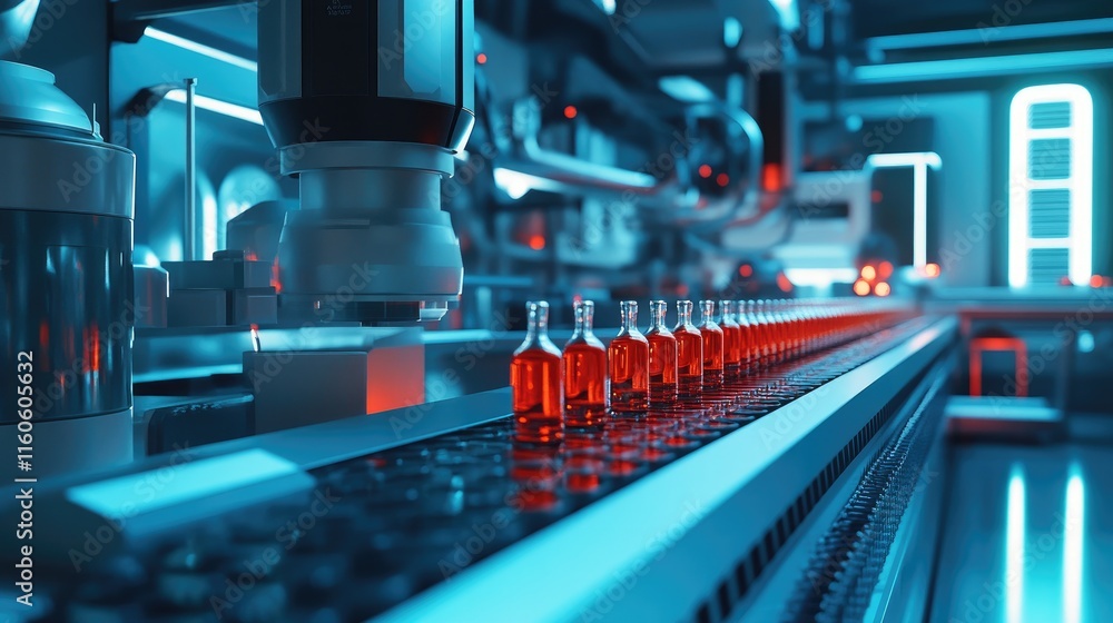 Poster high-tech pharmaceutical manufacturing facility with an automated conveyor line transporting glass b