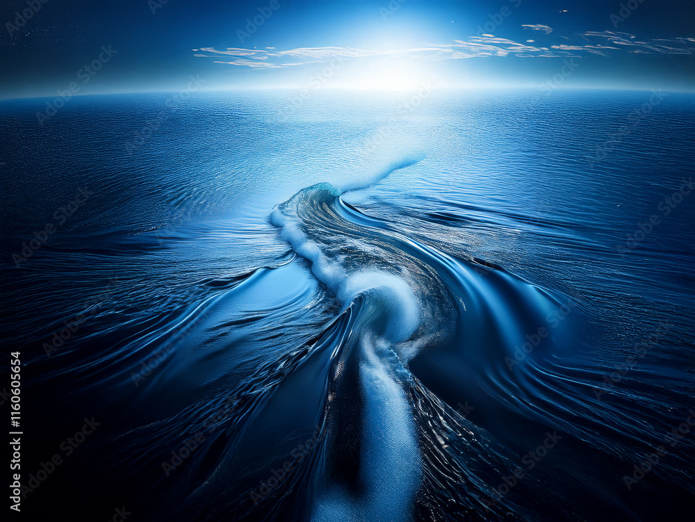 Poster A mesmerizing aerial view of a swirling, dark blue ocean current creating a vortex-like pattern under a bright, celestial light. The scene evokes a sense of mystery and awe.