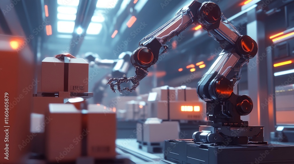 Poster High-tech robots autonomously sorting packages in a warehouse, improving operational efficiency and logistics automation.