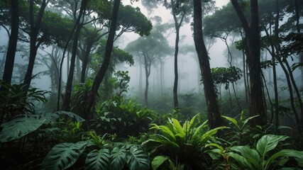 A lush and misty tropical rainforest with dense vegetation and towering trees shrouded in fog