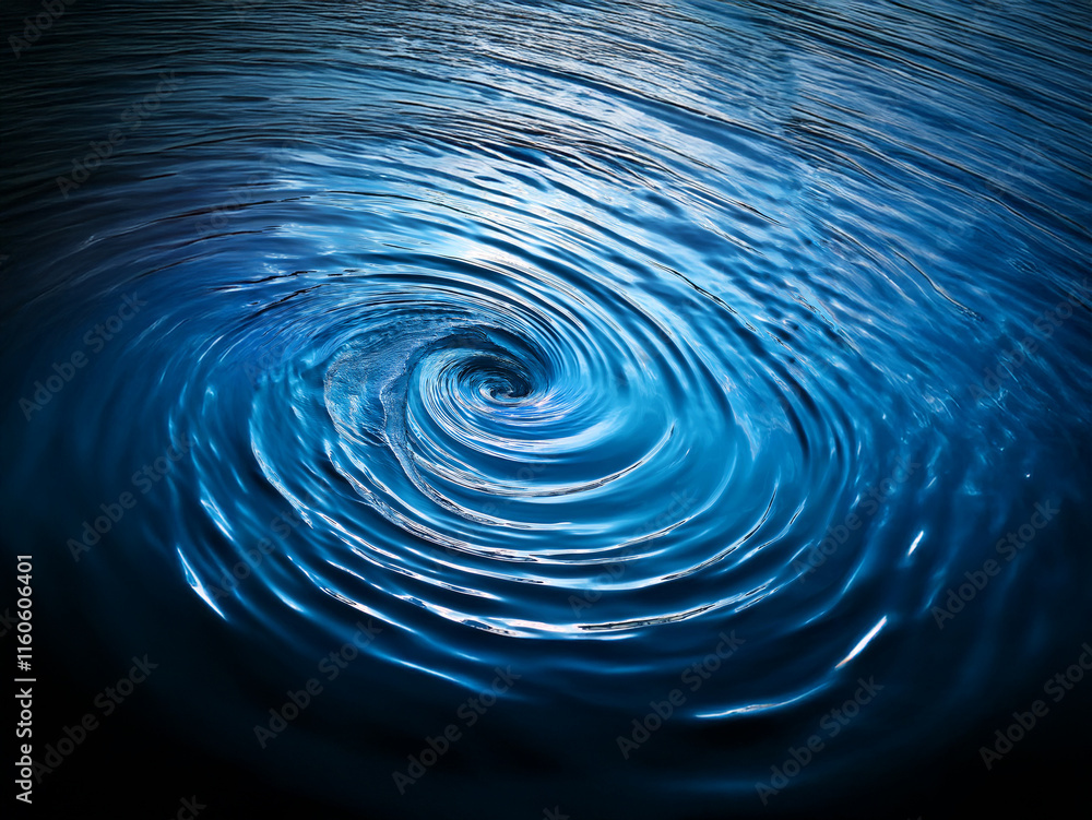 Poster a mesmerizing whirlpool of deep blue water, swirling into a central vortex. the concentric circles r