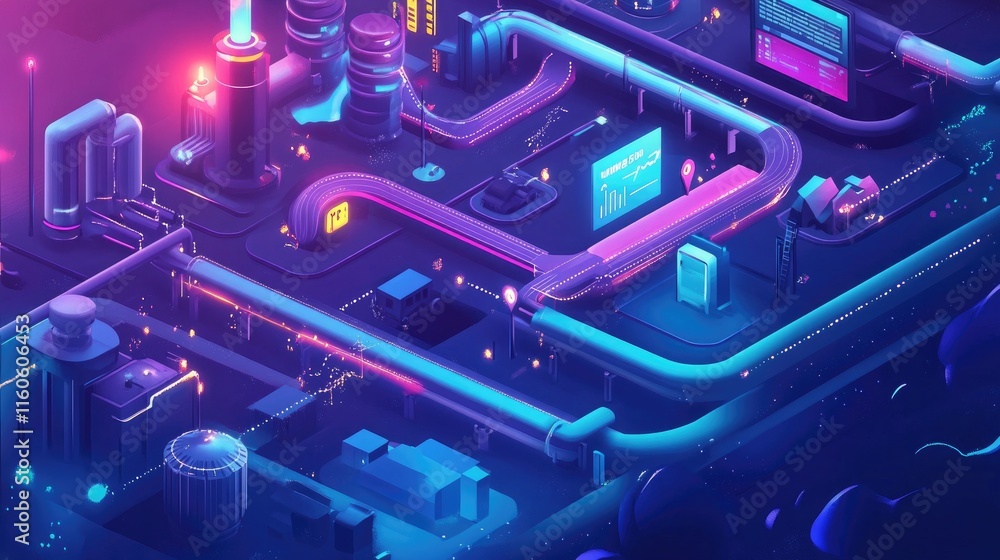 Poster Illustration of a digital pipeline showcasing SaaS and automation, transforming various industries, with room for copy space.