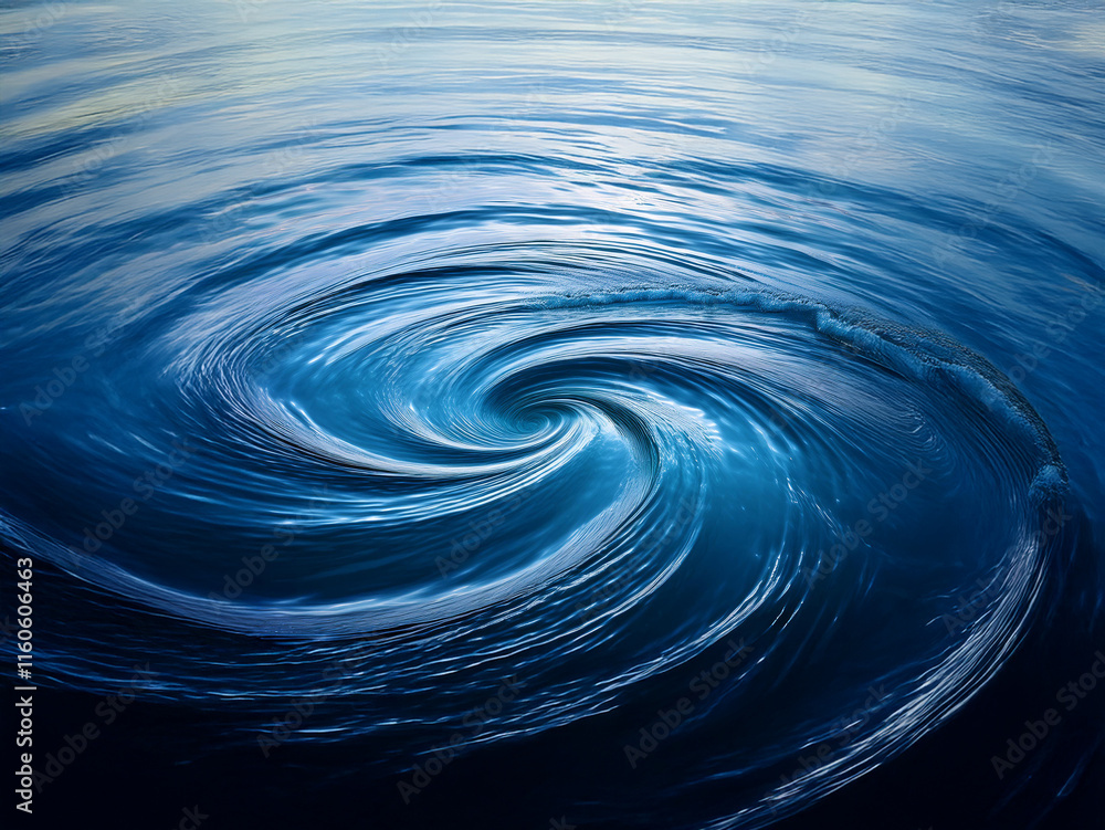 Poster a mesmerizing vortex of deep blue water spirals into a dark center, evoking a sense of mystery and p