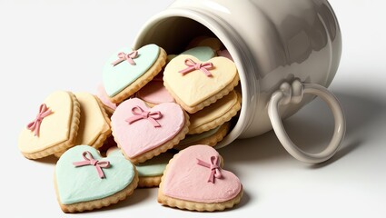 Fototapeta premium Colorful heart-shaped cookies spilling from a white mug, perfect for celebrations.