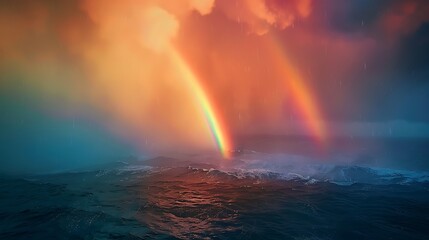The dynamic contrast of a rainbow against a stormy sky, showcasing nature's resilience and beauty in adversity.