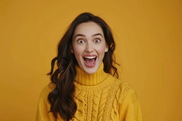 Fototapeta premium Surprised happy brunette woman in sweater rejoices and looking at the camera over yellow background