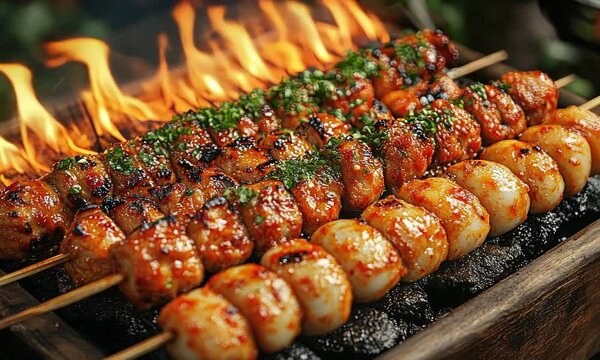 Delicious Grilled Meatballs and Fish Balls on Skewers