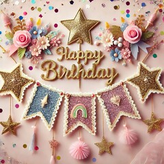A glittery birthday banner adorned with stars, adding a touch of sparkle to the celebration. Generative AI