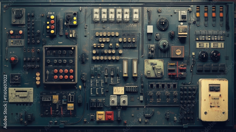 Poster industrial electricity control board with extensive wiring and switches, designed for managing energ