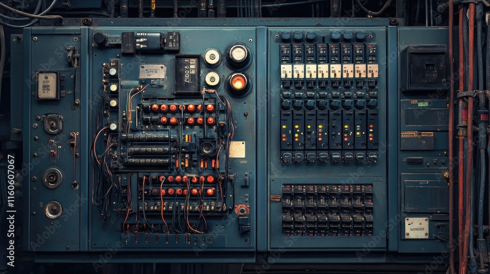 Poster industrial switchboard with panel, wires, and switches designed for automation in enterprise operati
