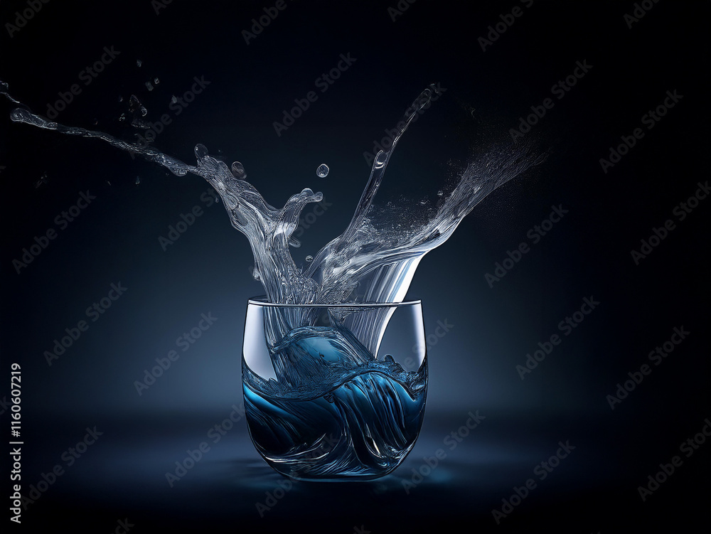 Fototapete dynamic splash of water erupting from a glass, creating a dramatic, abstract image against a dark ba