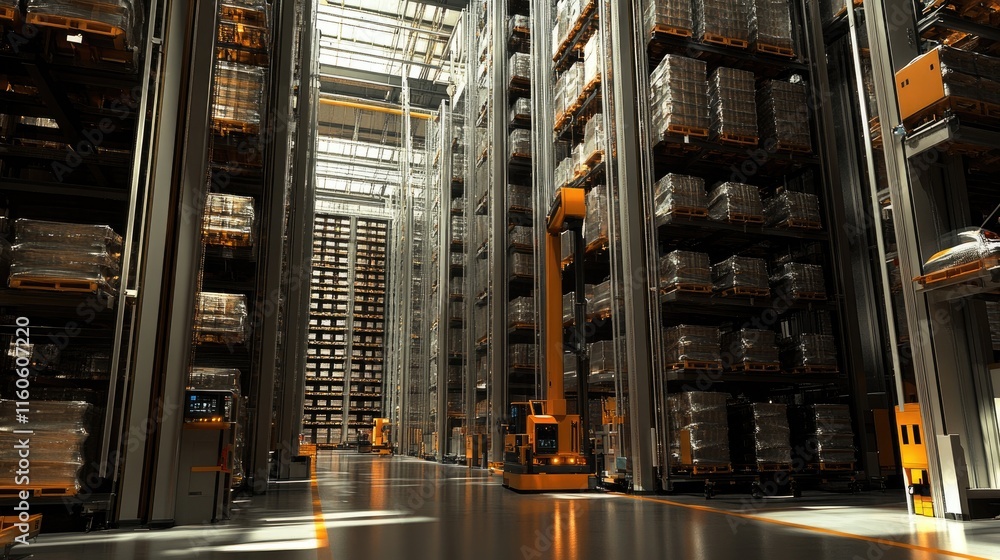 Aufkleber Industrial warehouse with automated robots managing large storage systems, improving efficiency and automation.