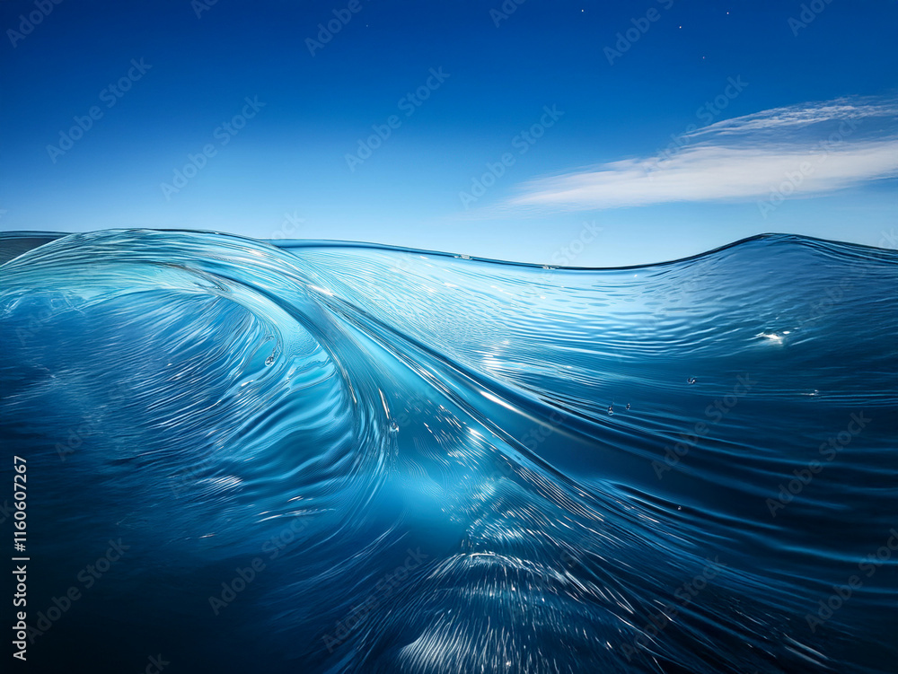 Poster A mesmerizing underwater view of a large ocean wave, showcasing the interplay of light and water, creating a vibrant, deep blue hue under a clear sky.