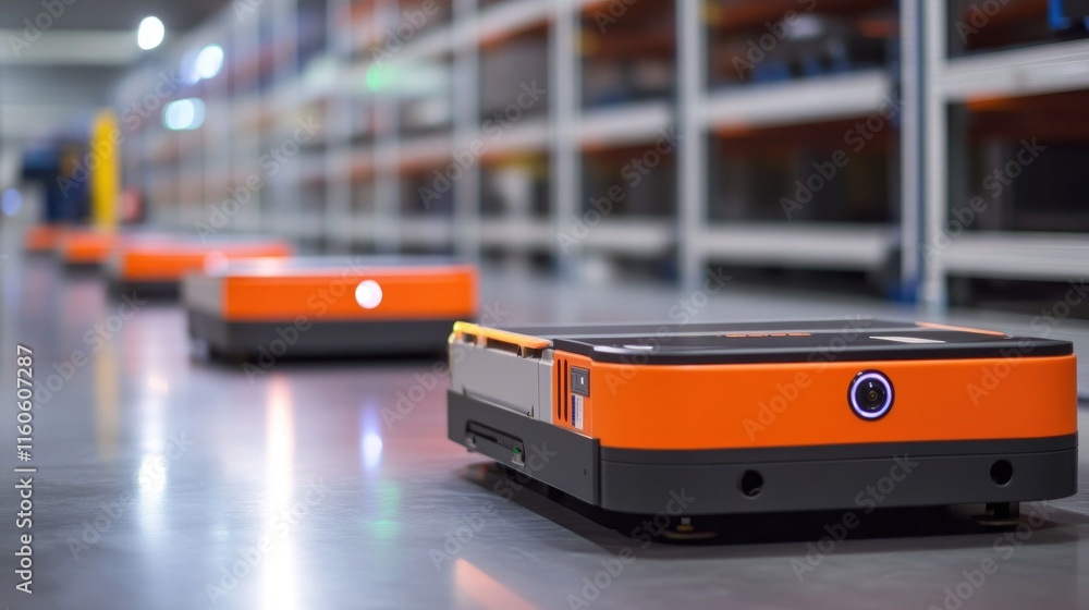 Poster Industrial warehouse with automated robots managing large storage systems, improving efficiency and automation.