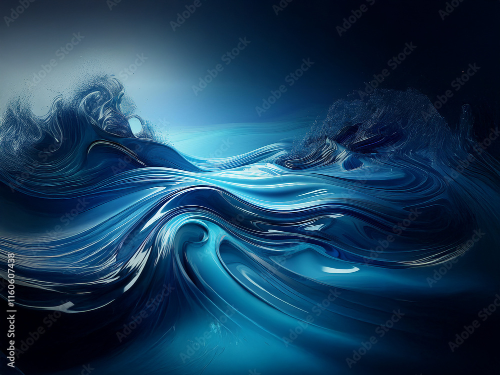 Poster abstract painting of swirling, deep blue waves. the dark hues and smooth, flowing lines create a sen
