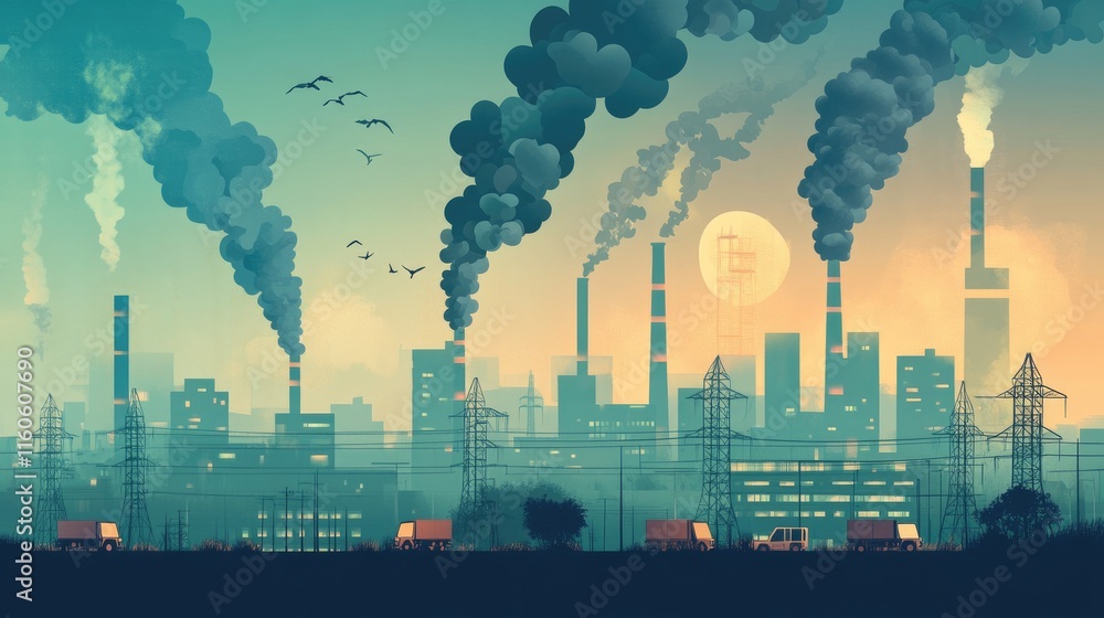 Poster Infographic vector illustration showing sources of air pollution, focusing on PM 2.5 dust and dirty environment contributing to polluted air.