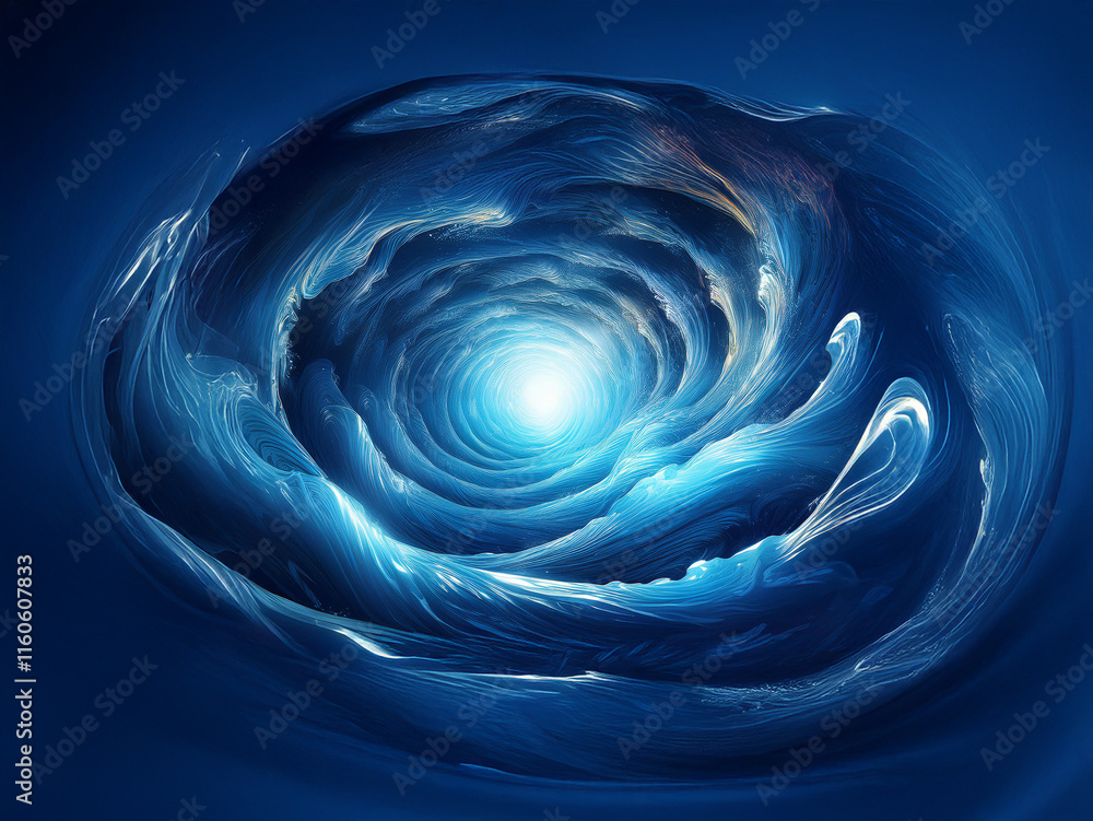 Poster a mesmerizing spiral of deep blue hues, swirling inward toward a bright, central light. the texture 