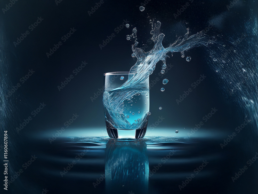 Poster A glass of water with a dynamic splash, reflecting on a dark surface.  The scene is moody and evocative of purity and refreshment.