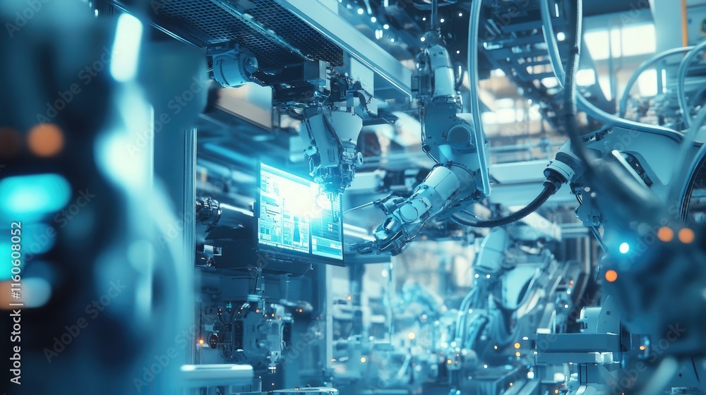 Poster Intelligent factory scene with engineer manager controlling robotic arms, monitoring welding operations through real-time software.