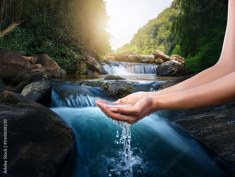 Aufkleber serene hands gently cupping pure, flowing water from a pristine mountain stream. sunlight filters th