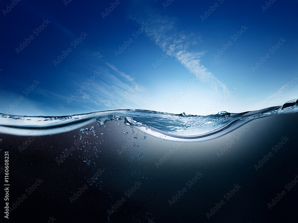 Aufkleber A mesmerizing split view of a tranquil ocean surface meeting a dark underwater scene.  Sunlight filters through the water, creating an ethereal atmosphere.