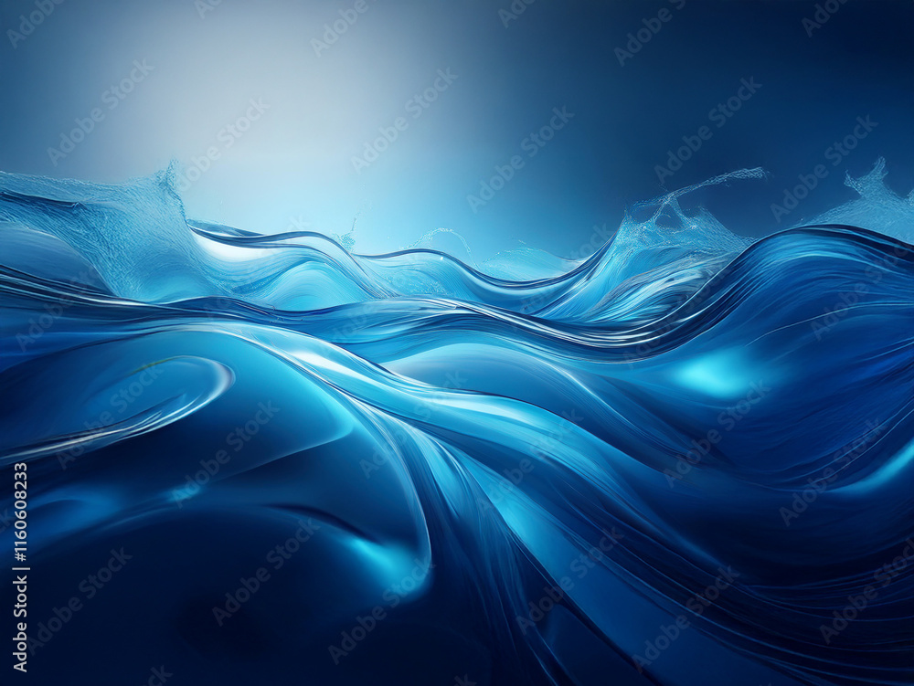 Poster abstract digital art depicting a serene, flowing ocean of vibrant blue hues. the liquid-like surface