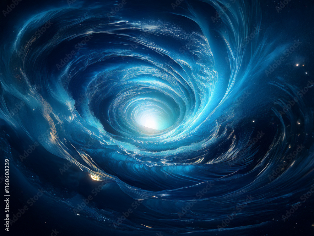 Poster a swirling vortex of luminous blue energy, creating a mesmerizing tunnel leading to a bright, unknow