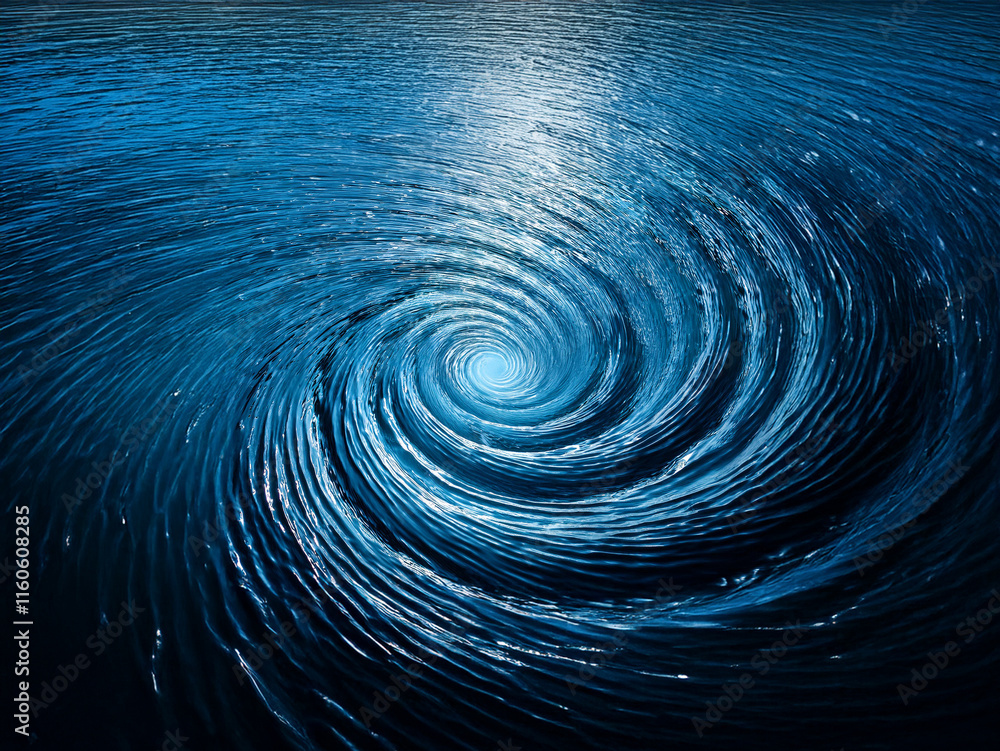 Poster a mesmerizing whirlpool of deep blue water spirals into a luminous center, evoking a sense of myster
